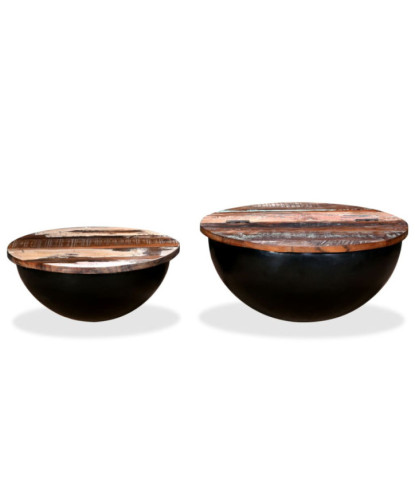 Măsuță cafea industrial, din lemn masiv reciclat, formă bol, 60 x 27 cm și 50 x 21 cm