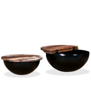 Măsuță cafea industrial, din lemn masiv reciclat, formă bol, 60 x 27 cm și 50 x 21 cm