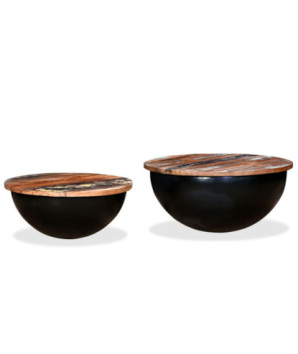 Măsuță cafea industrial, din lemn masiv reciclat, formă bol, 60 x 27 cm și 50 x 21 cm