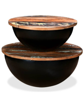 Măsuță cafea industrial, din lemn masiv reciclat, formă bol, 60 x 27 cm și 50 x 21 cm