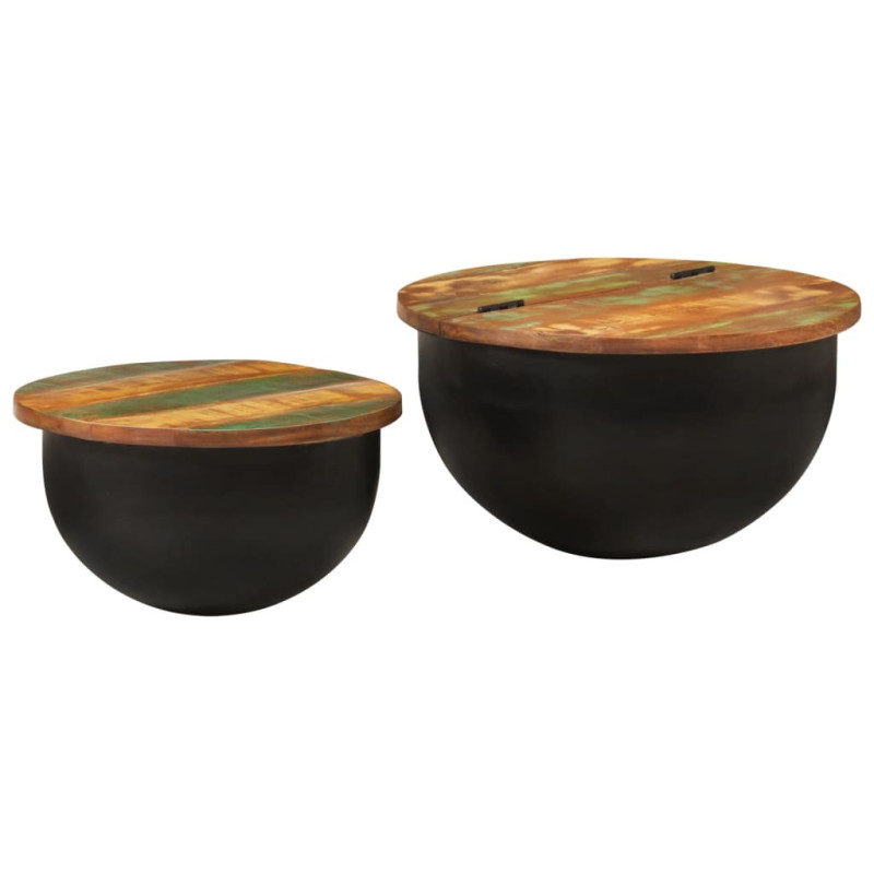 Măsuță cafea neagră, din lemn masiv reciclat, rotundă, 50 x 27 cm și 40 x 22 cm, handmade Măsuță cafea neagră, din lemn masiv reciclat, rotundă, 50 x 27 cm și 40 x 22 cm, handmade