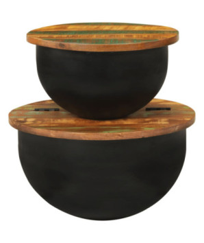 Măsuță cafea neagră, din lemn masiv reciclat, rotundă, 50 x 27 cm și 40 x 22 cm, handmade