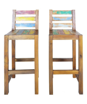 Scaune bar/bucătărie multicolor vintage, din lemn masiv reciclat, fără spătar, 2 buc., handmade
