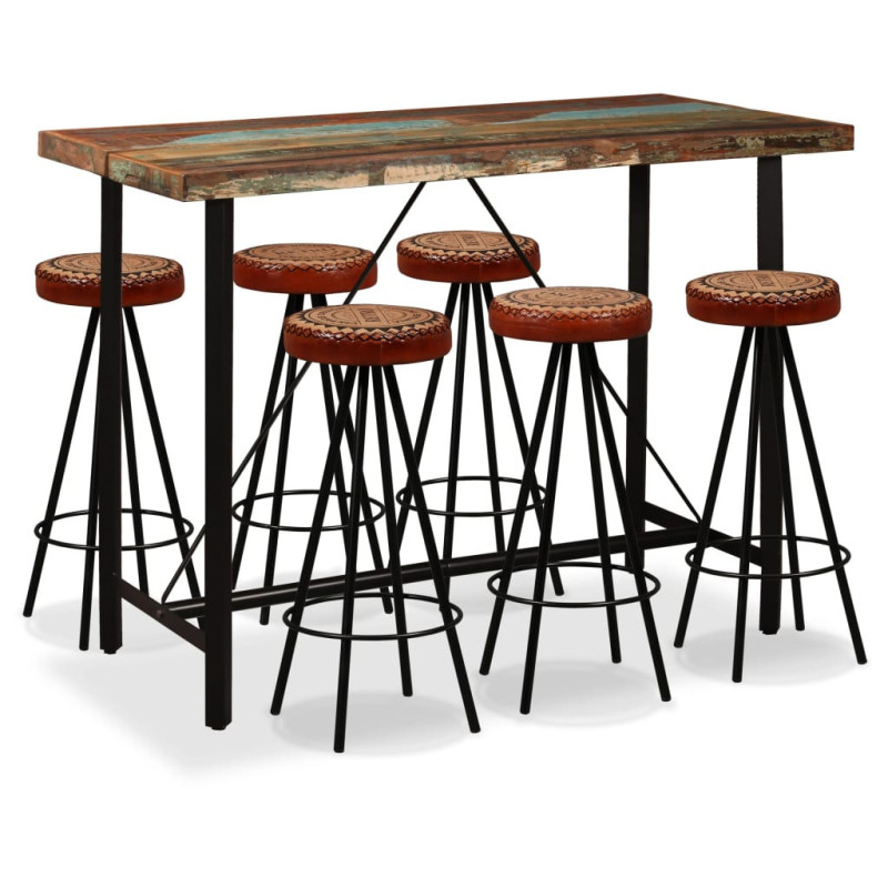 Set bar, 7 piese, lemn reciclat, piele naturală și pânză, cu aspect industrial - WOODBB1203 Set bar, 7 piese, lemn reciclat, piele naturală și pânză, cu aspect industrial - WOODBB1203