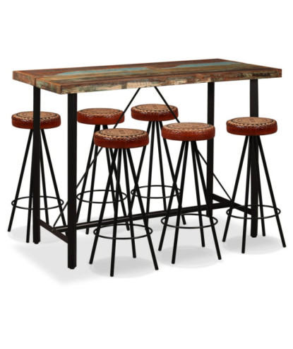 Set bar, 7 piese, lemn reciclat, piele naturală și pânză, cu aspect industrial - WOODBB1203