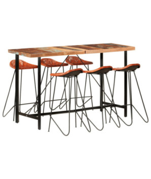 Masă bar cu 6 scaune tapițate, aspect industrial, din lemn masiv reciclat, dreptunghiulară, 150 x 70 x 107 cm, handmade