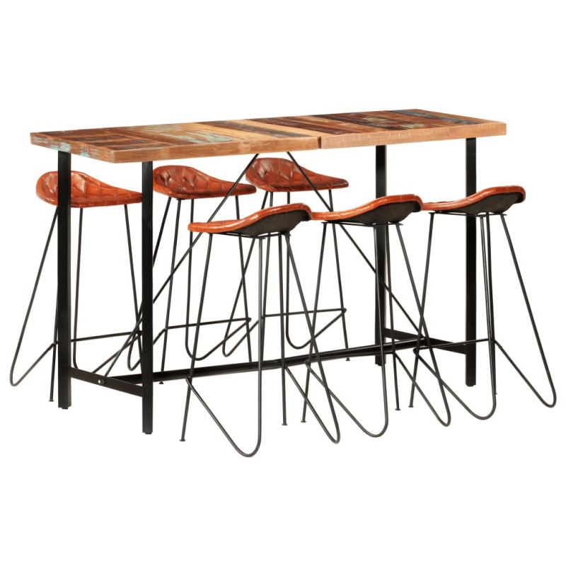 Masă bar cu 6 scaune tapițate, aspect industrial, din lemn masiv reciclat, dreptunghiulară, 150 x 70 x 107 cm, handmade Masă bar cu 6 scaune tapițate, aspect industrial, din lemn masiv reciclat, dreptunghiulară, 150 x 70 x 107 cm, handmade