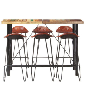 Masă bar cu 6 scaune tapițate, aspect industrial, din lemn masiv reciclat, dreptunghiulară, 150 x 70 x 107 cm, handmade