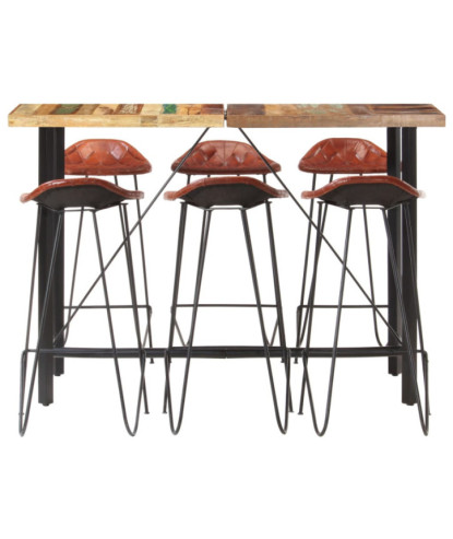 Masă bar cu 6 scaune tapițate, aspect industrial, din lemn masiv reciclat, dreptunghiulară, 150 x 70 x 107 cm, handmade