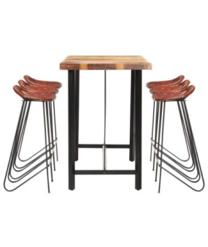 Masă bar cu 6 scaune tapițate, aspect industrial, din lemn masiv reciclat, dreptunghiulară, 150 x 70 x 107 cm, handmade