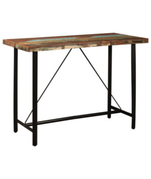 Masă bar cu 6 scaune tapițate, aspect industrial, din lemn masiv reciclat, dreptunghiulară, 150 x 70 x 107 cm, handmade