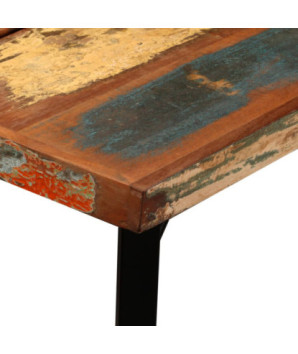 Masă bar cu 6 scaune tapițate, aspect industrial, din lemn masiv reciclat, dreptunghiulară, 150 x 70 x 107 cm, handmade