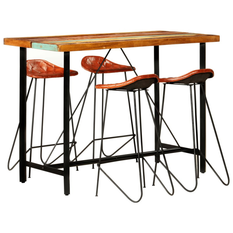 Masă bar cu 4 scaune tapițate, aspect industrial, din lemn masiv reciclat, dreptunghiulară, 150 x 70 x 107 cm, handmade Masă bar cu 4 scaune tapițate, aspect industrial, din lemn masiv reciclat, dreptunghiulară, 150 x 70 x 107 cm, handmade