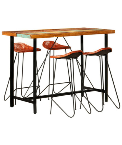 Masă bar cu 4 scaune tapițate, aspect industrial, din lemn masiv reciclat, dreptunghiulară, 150 x 70 x 107 cm, handmade