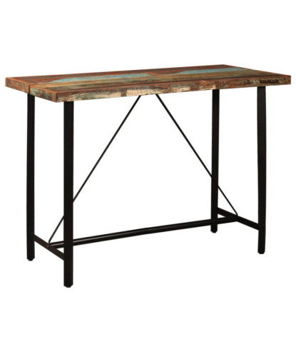 Masă bar cu 4 scaune tapițate, aspect industrial, din lemn masiv reciclat, dreptunghiulară, 150 x 70 x 107 cm, handmade