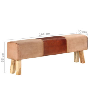 Bancă maro, 160 cm, piele naturală și lemn acacia, cu aspect vintage - WOODBB1245