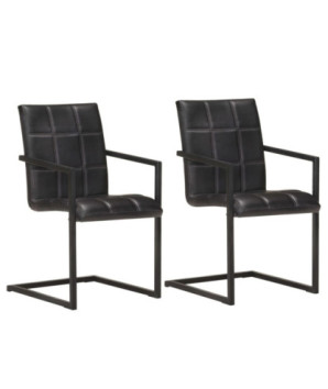 Scaune 2  buc. negru, piele naturală, cu aspect retro - WOODBB1257