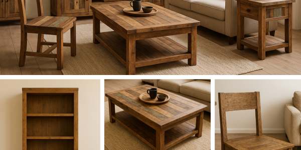 Living Modern cu Mobilier din Lemn Reciclat – Design Natural, Impact Minim
